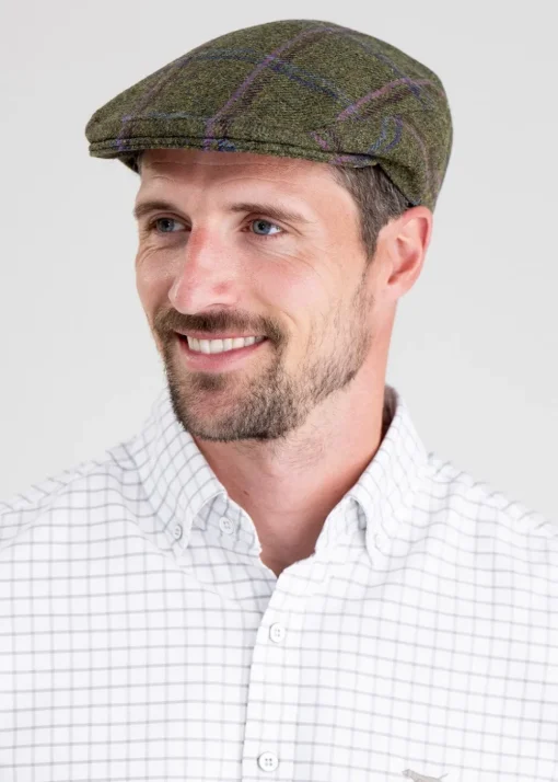 Alnmouth Tweed Cap - Moss Green with Navy and Burgundy Check