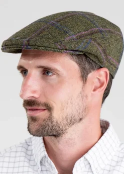 Alnmouth Tweed Cap - Moss Green with Navy and Burgundy Check