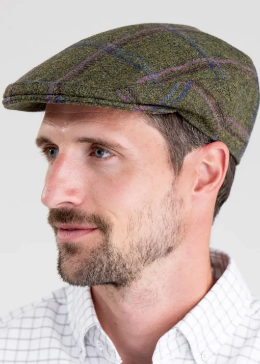 Alnmouth Tweed Cap - Moss Green with Navy and Burgundy Check