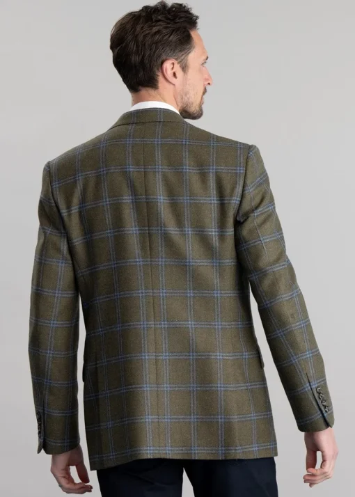 Amble Tweed Jacket - Olive with Sky Blue and Navy Check