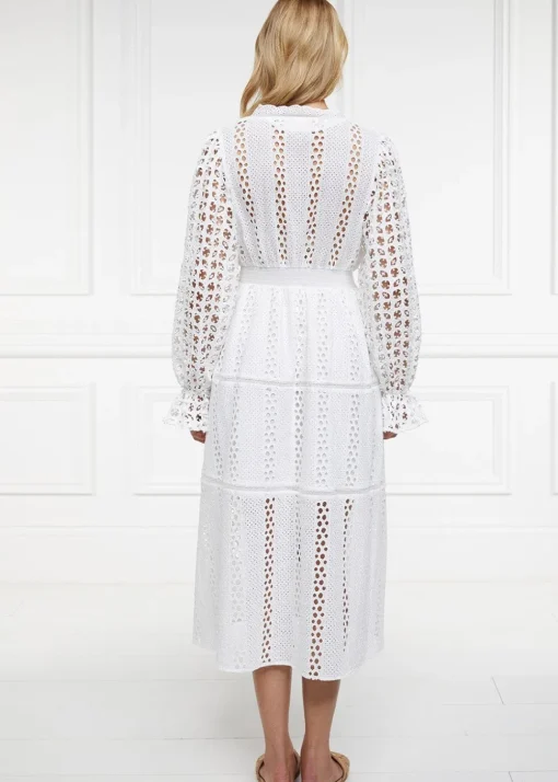 Broderie Lace V-Neck Midi Dress - White