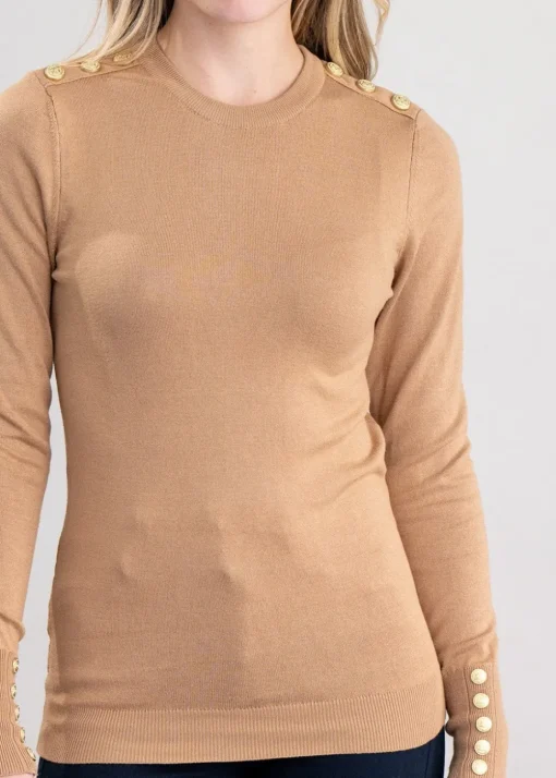 Buttoned Knit Crew Neck - Dark Camel
