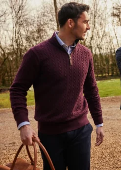 Calton Cotton Cashmere Cable 1/4 Zip Jumper - Wine