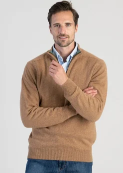 Cashmere 2 Ply Zip Neck Sweater - Savannah with Lovat