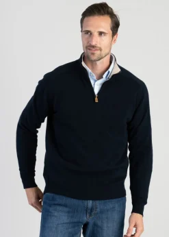 Cashmere 2 Ply Zip Neck Sweater - Navy with Linen