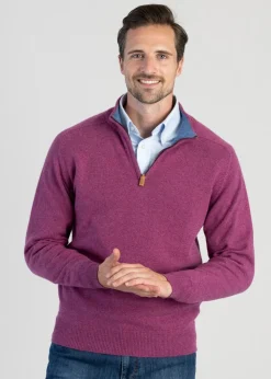 Cashmere 2 Ply Zip Neck Sweater - Loganberry with Lapis