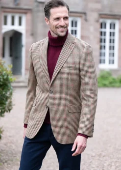 Chillingham Tweed Jacket - Oatmeal, Brown and Olive Gunclub Check with Burgundy