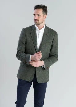 Donegal Tweed Jacket - Green Herringbone with Blue, Rust and Yellow Fleck