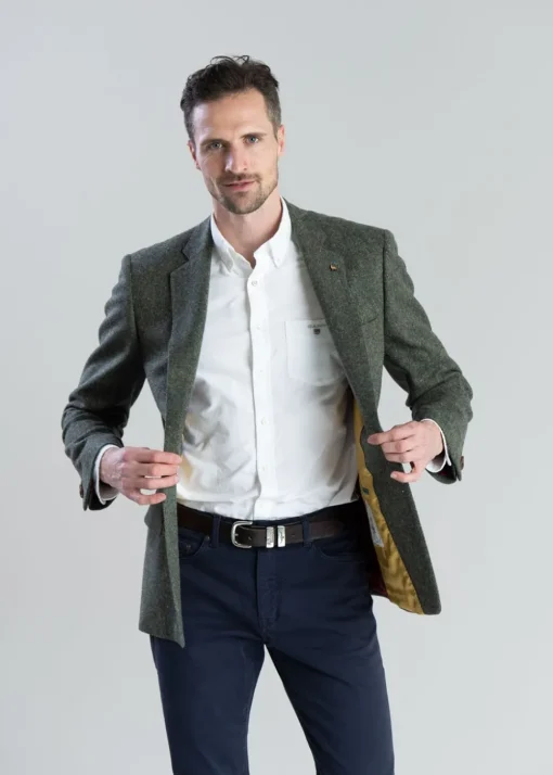 Donegal Tweed Jacket - Green Herringbone with Blue, Rust and Yellow Fleck