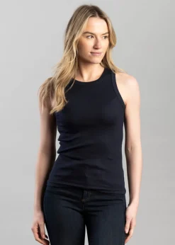 High Neck Rib Tank Top - Evening Blue