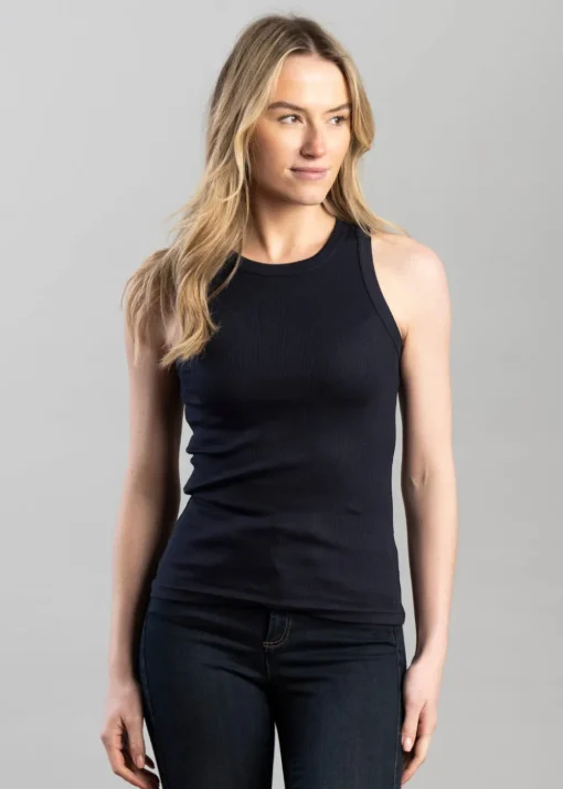 High Neck Rib Tank Top - Evening Blue