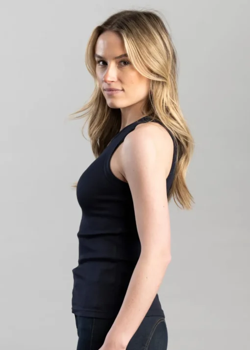 High Neck Rib Tank Top - Evening Blue