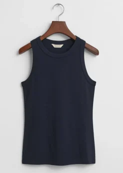 High Neck Rib Tank Top - Evening Blue