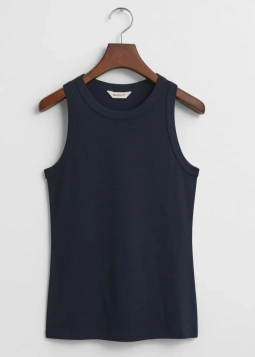 High Neck Rib Tank Top - Evening Blue