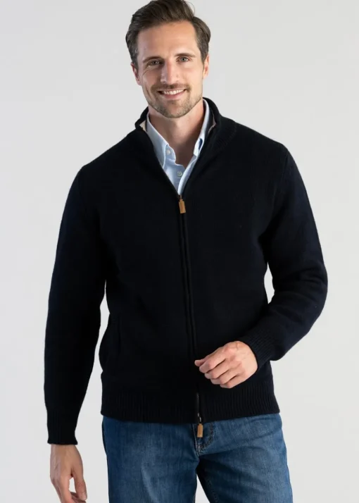 Lambswool 4 Ply Plain Jacket - Navy with Cobble