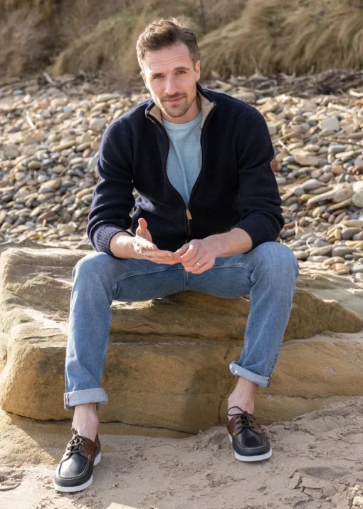 Lambswool 4 Ply Plain Jacket - Navy with Cobble