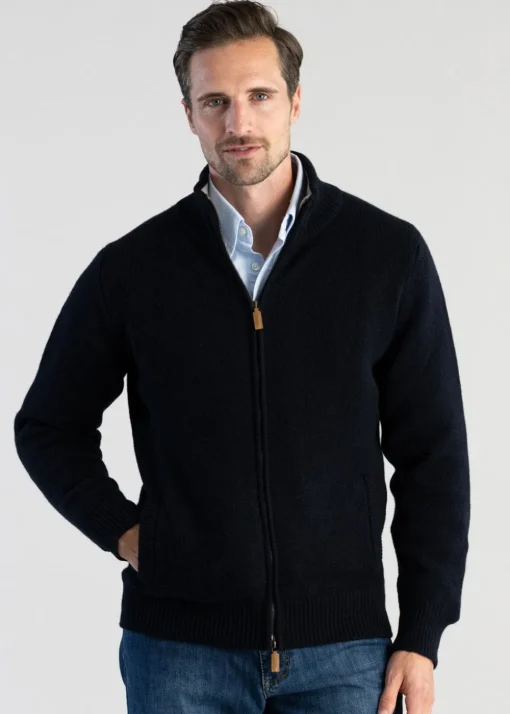 Lambswool 4 Ply Plain Jacket - Navy with Cobble