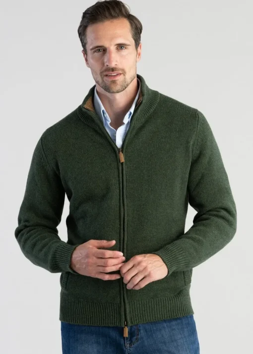 Lambswool 4 Ply Plain Jacket - Rosemary with Driftwood