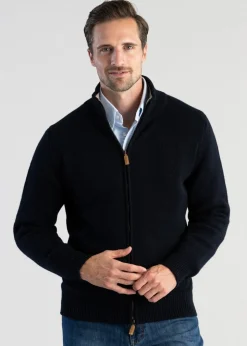 Lambswool 4 Ply Plain Jacket - Navy with Cobble
