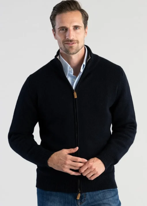 Lambswool 4 Ply Plain Jacket - Navy with Cobble