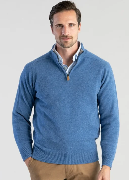 Lambswool 2 Ply Zip Neck - Jeans with Cobble