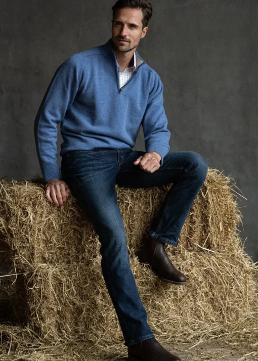 Lambswool 2 Ply Zip Neck - Jeans with Cobble