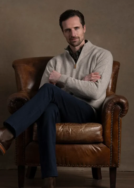 Lambswool 2 Ply Zip Neck - Cobble with Landscape
