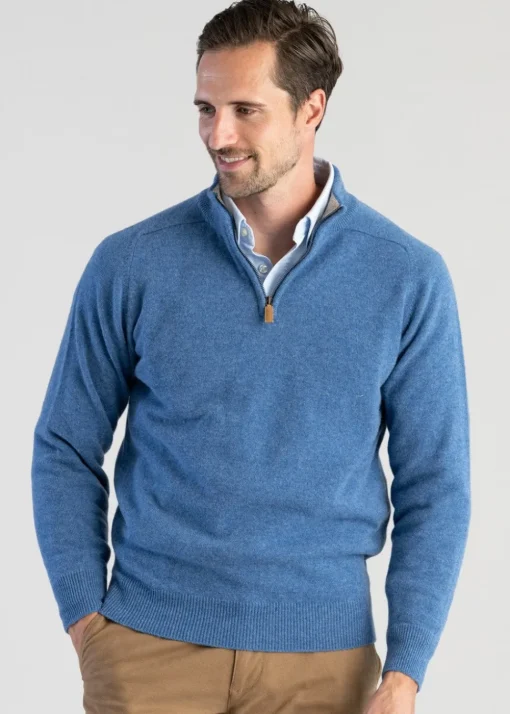 Lambswool 2 Ply Zip Neck - Jeans with Cobble
