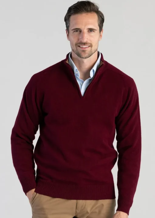 Lambswool 2 Ply Zip Neck - Bordeaux with Driftwood