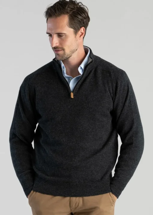 Lambswool 2 Ply Zip Neck - Charcoal with Flannel