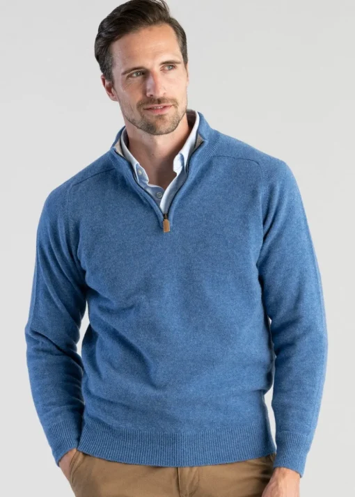 Lambswool 2 Ply Zip Neck - Jeans with Cobble