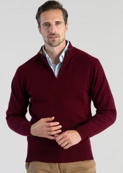 Lambswool 2 Ply Zip Neck - Bordeaux with Driftwood