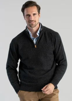 Lambswool 2 Ply Zip Neck - Charcoal with Flannel