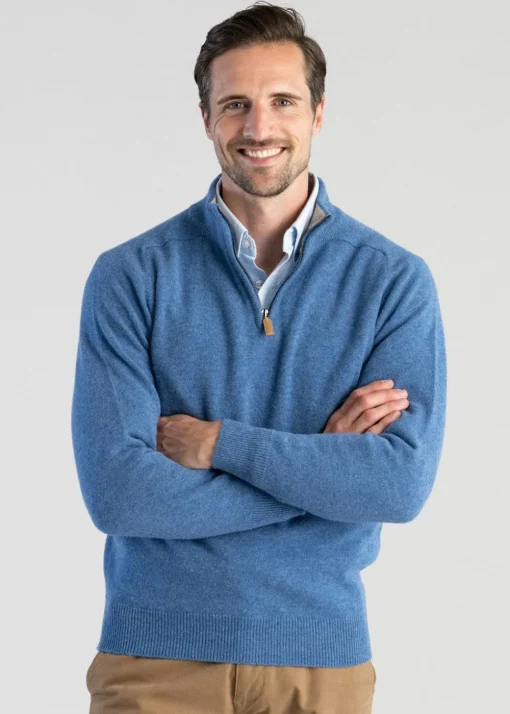 Lambswool 2 Ply Zip Neck - Jeans with Cobble