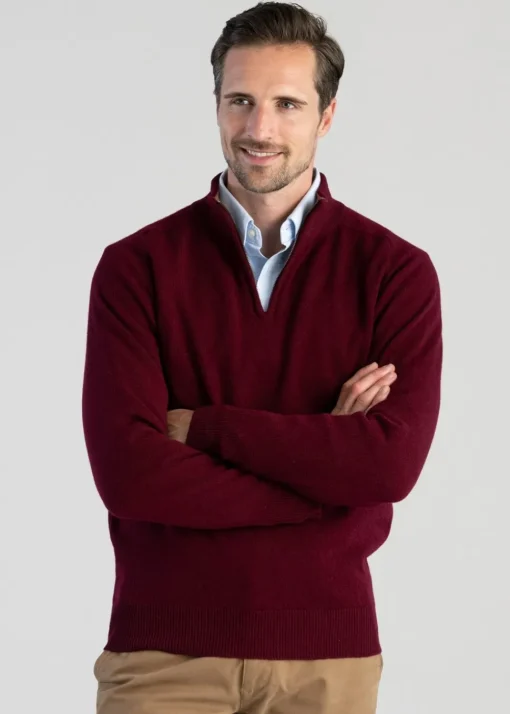 Lambswool 2 Ply Zip Neck - Bordeaux with Driftwood