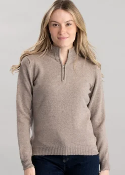 Lindsey Lambswool Zip Neck - Mushroom with Autumn Gold