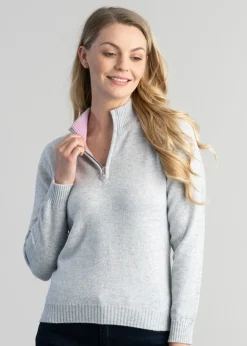 Lindsey Lambswool Zip Neck - Feather Grey with Pink