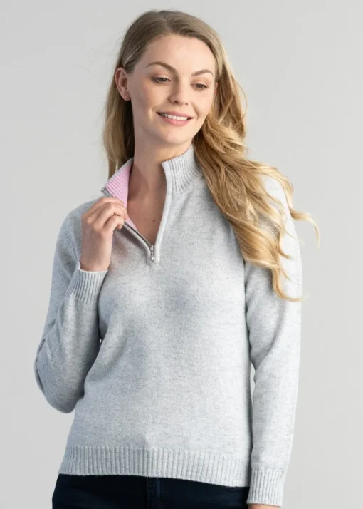 Lindsey Lambswool Zip Neck - Feather Grey with Pink