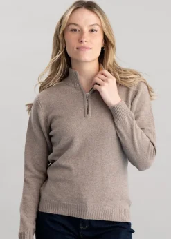 Lindsey Lambswool Zip Neck - Mushroom with Autumn Gold
