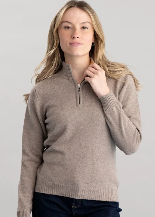 Lindsey Lambswool Zip Neck - Mushroom with Autumn Gold