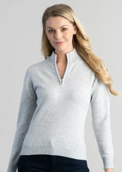 Lindsey Lambswool Zip Neck - Feather Grey with Pink