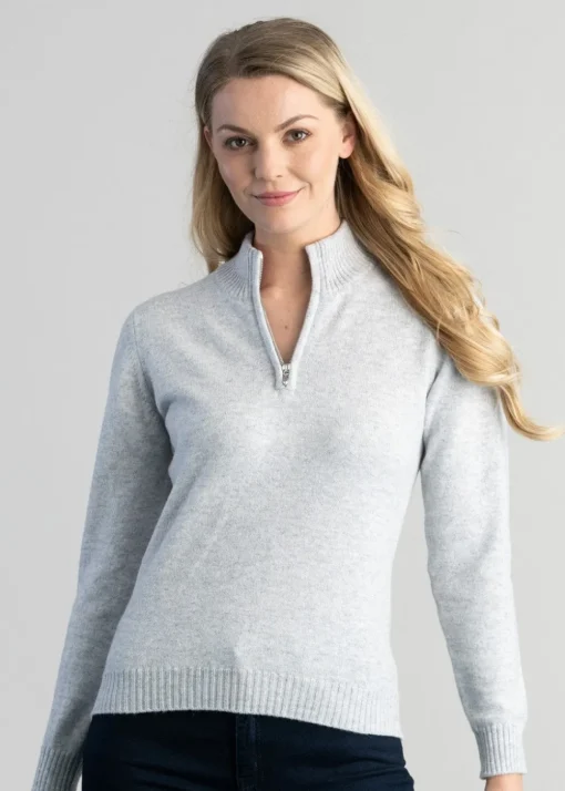 Lindsey Lambswool Zip Neck - Feather Grey with Pink