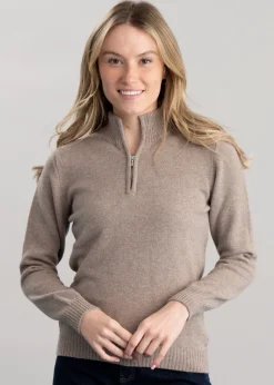 Lindsey Lambswool Zip Neck - Mushroom with Autumn Gold
