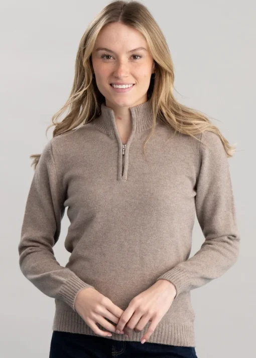 Lindsey Lambswool Zip Neck - Mushroom with Autumn Gold