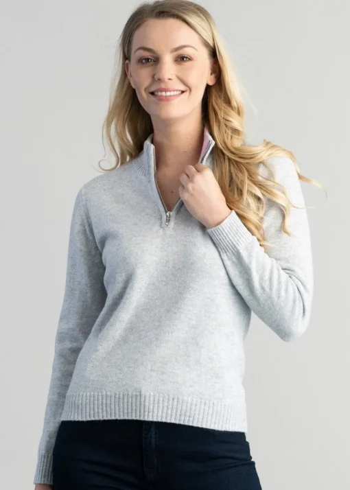 Lindsey Lambswool Zip Neck - Feather Grey with Pink