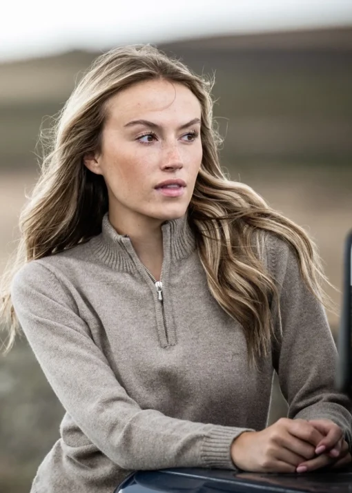 Lindsey Lambswool Zip Neck - Mushroom with Autumn Gold