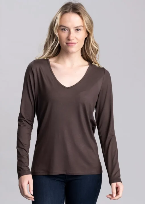 Long Sleeve V-Neck T-Shirt - Coffee