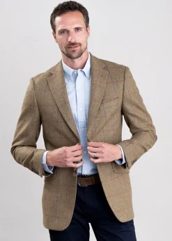 Lowick Tweed Jacket - Olive Herringbone with Red and Aubergine Overcheck