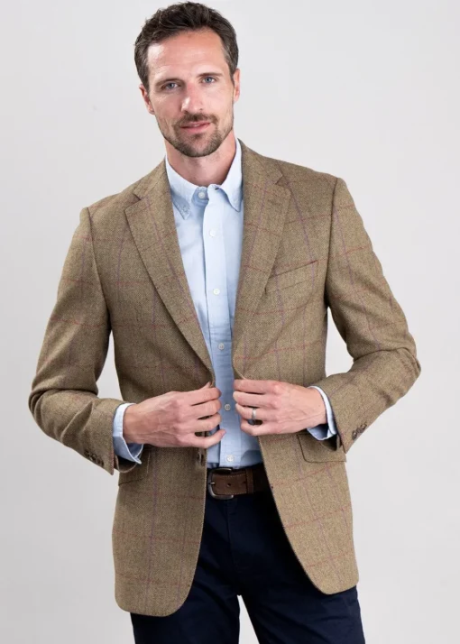 Lowick Tweed Jacket - Olive Herringbone with Red and Aubergine Overcheck