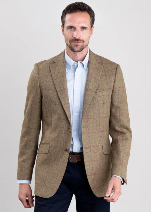 Lowick Tweed Jacket - Olive Herringbone with Red and Aubergine Overcheck